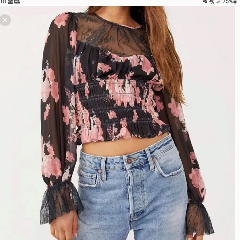 Free People Daphne Blouse Midnight Combo Small Black and Pink Floral